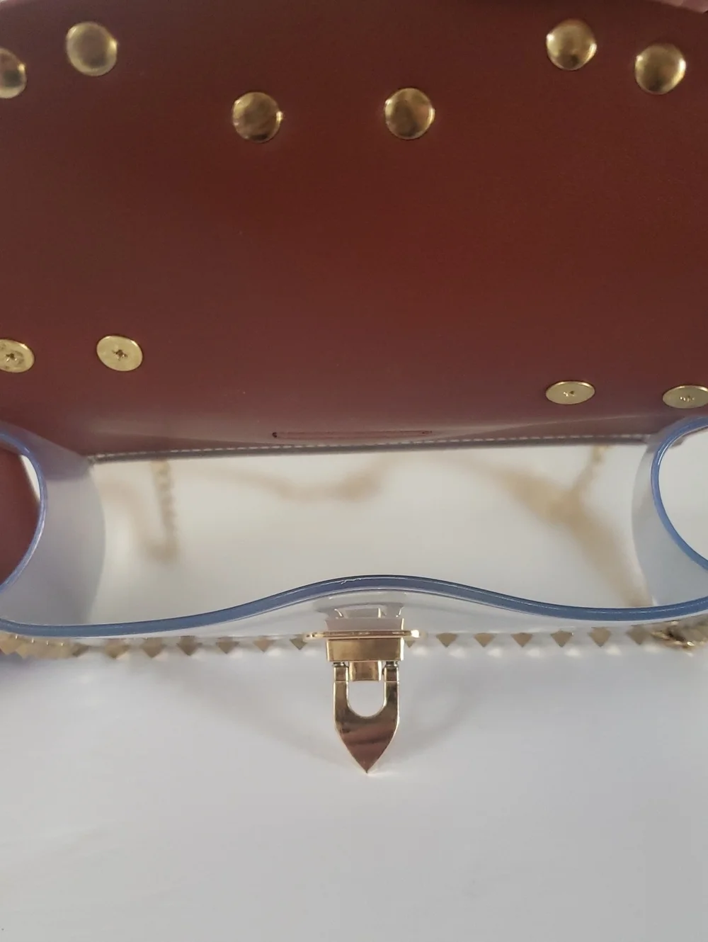 Most Wanted NWOT Cognac Brown/Clear Gold Studded Crossbody Handbag